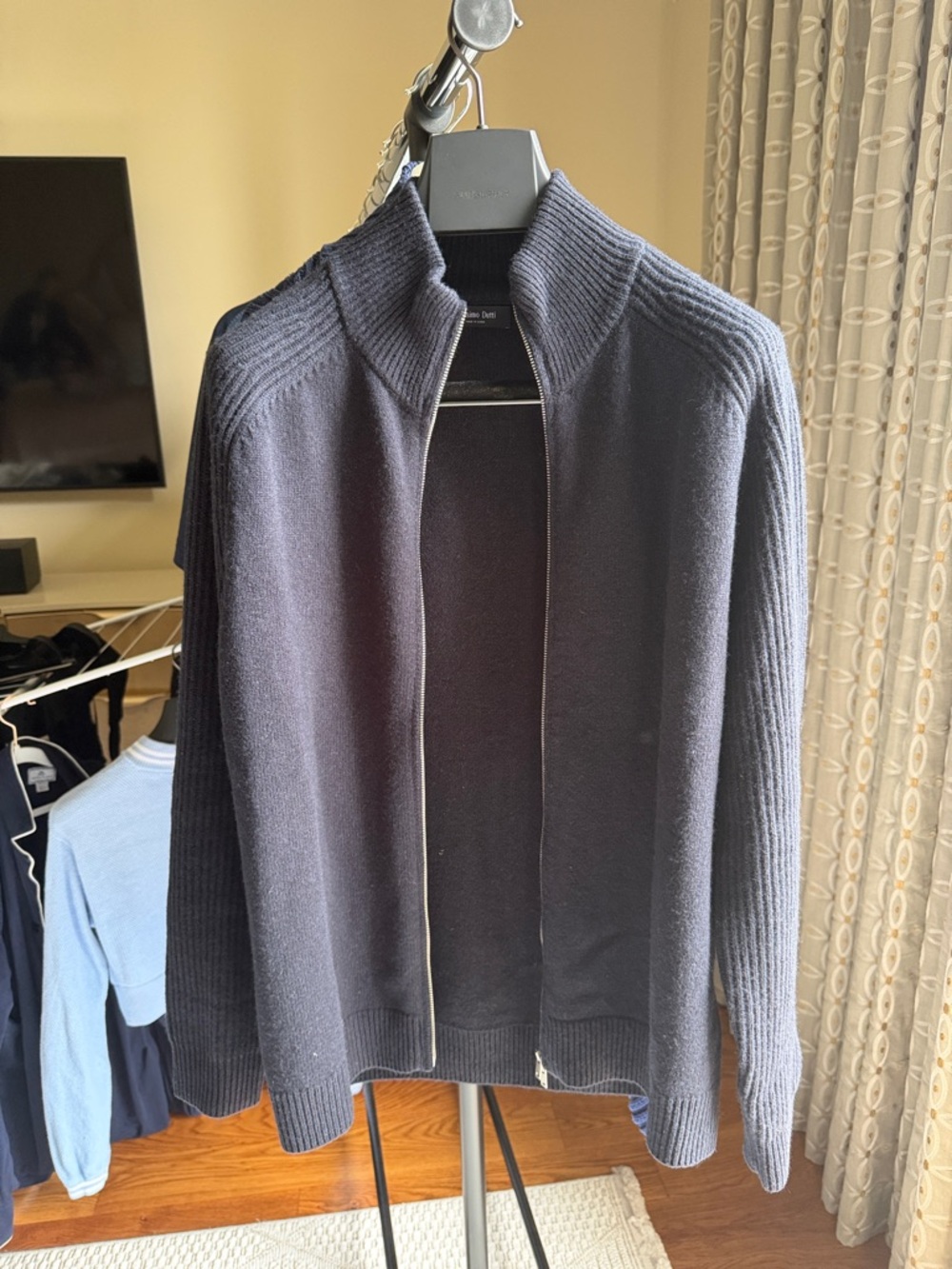 Massimo Dutti Men's Navy Full-Zip Ribbed Sleeve Sweater Size Large